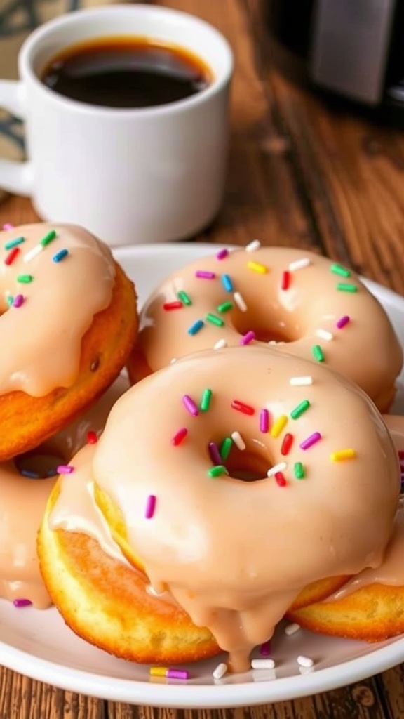 A plate of golden-brown glazed air fryer donuts topped with sprinkles, next to a cup of coffee.